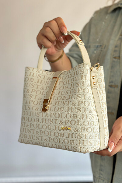 Just Polo Medium Size Cotton Woven Strap Daily 4 Compartment Women's Shoulder Bag 2055 Cream 1802