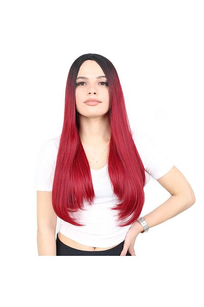 KONAK PERUK Black and Red Ombreli Long Fiber Synthetic Wig