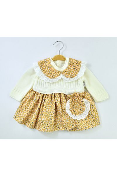 DIDuStore Floral Patterned Girl's Dress and Knitted Cardigan Set - Lace Collar Detail and Stylish Design