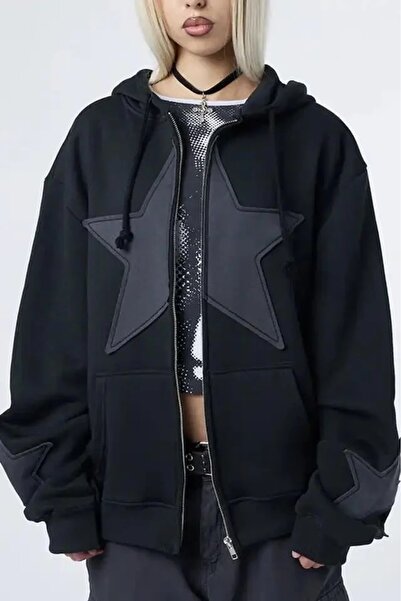DENOKMODA UNISEX Fermuarlı Kapşonlu Oversize Sweatshirt Yıldız Aplike Detaylı...