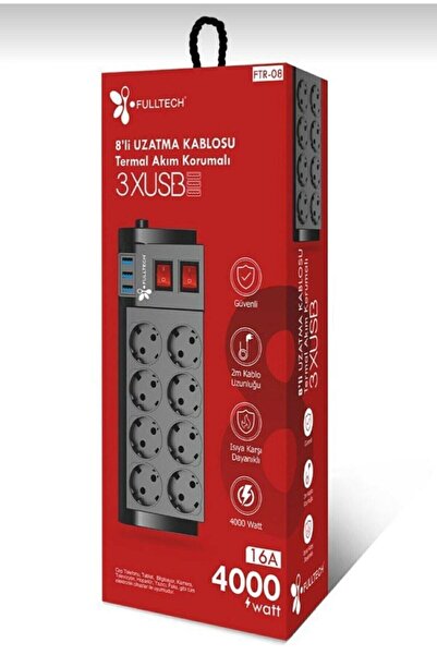 Yellowtech Isıya Dayanıklı Termal Akım Korumalı 2 Metre 16A 4000 W 8 Li uzatma Kablolu Priz 3x USB Girişli