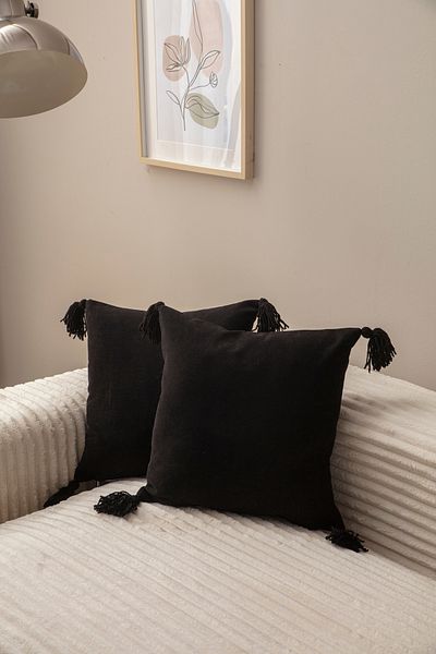 Ottoson Home 2-Piece Black Color 4-Tassel Single Color Throw Pillow Cover 43X43