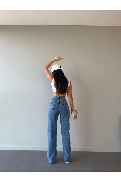 MAKRAS EXCLUSIVE JNX Lara Power Lycra Women's Light Blue Snow Wash High Waist Loose Leg Denim Jeans