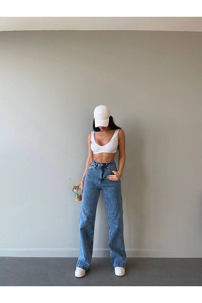 MAKRAS EXCLUSIVE JNX Lara Power Lycra Dámské světle modré džínové džíny s vysokým pasem s volnými nohama
