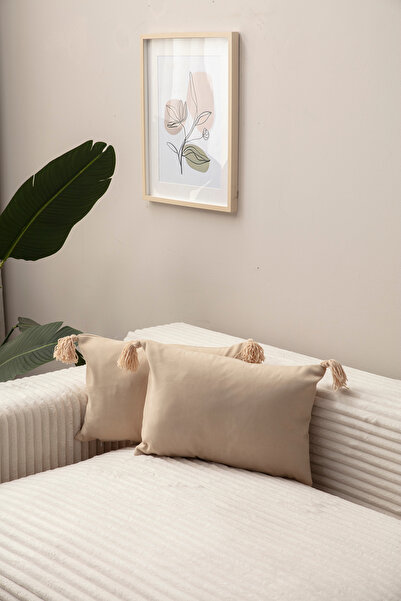 Ottoson Home 2'li Bej Rengi 4 Püsküllü Tek Renk Kırlent Kılıfı 35x50