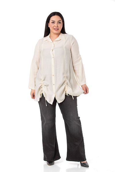DISENTIS MODEST Large Size Ecru Shirt with Folded Sleeves and Drawstring on the Bottom