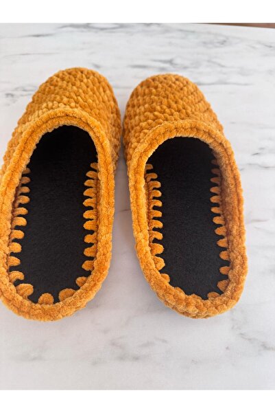 MERUT STYLE HAYATINI RENKLENDİR Ev Terliği Kadife Ip Hardal El Örgüsü