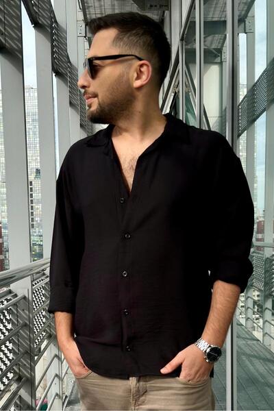Gece Soyusinmez Erkek Oversize Dökümlü Uzun Kol Gömlek SİYAH