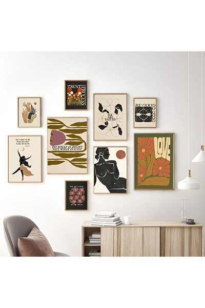 Bohodella 9 Parça Gerçek Ahşap Çerçeveli Tablo, Bohem Tablo, iskandinav, Mini...