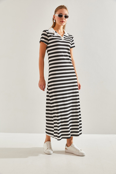 Bianco Lucci Langes, gestreiftes Rollkragenkleid für Damen60131001