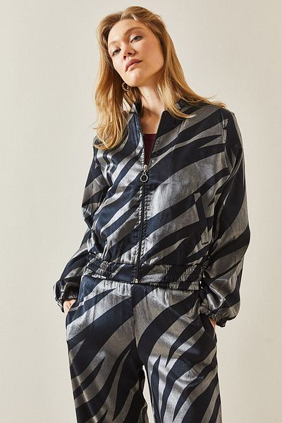 XHAN Black Zebra Pattern Zippered Bomber Jacket 5YXK4-48025-02