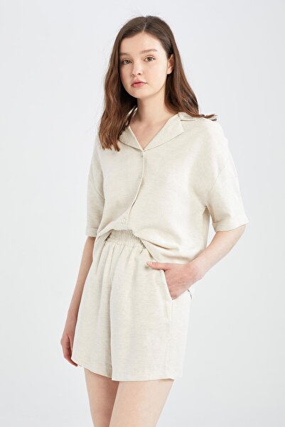 DeFacto Cămașă cu mânecă scurtă în amestec de in cu guler de pijamă Relax Fit