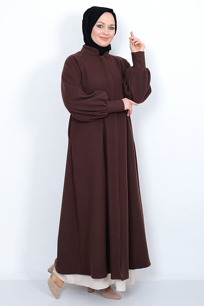 MARQUANT Μακρύ κασμίρ παλτό Hijab με μανίκια με τσέπες και μακρύ κρυφό φερμουάρ