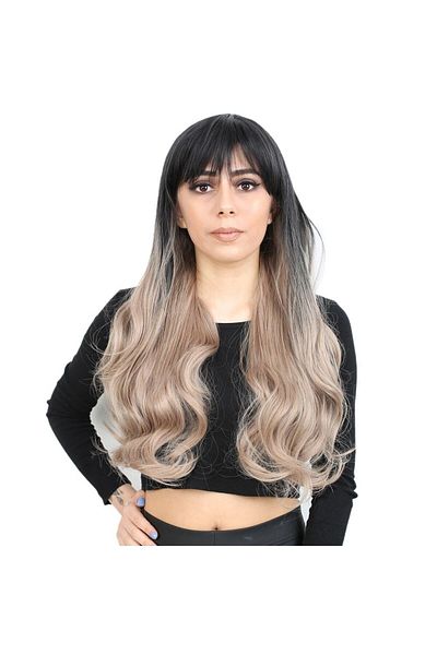 KONAK PERUK Long Wavy Fiber Synthetic Wig with Bangs - Black / Ashy Baby Yellow Ombreli