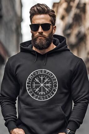 Denfa Moda Erkek N018 Kap onlu Vegvisir Viking Pusulas Bask l Siyah Sweat Fiyat Yorumlar Trendyol