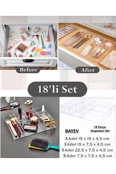 Bayev Lv 216 (X3) Set Jewelry - 18 Pieces Bathroom and Kitchen Drawer Organizer, Makeup Box and Pen Holder Spoon Holder