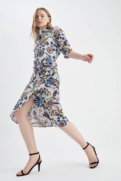 DeFacto A-Line Patterned Normal Waist Midi Poplin 100% Cotton Skirt Y0178az22sm