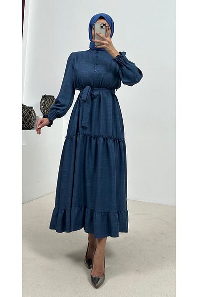 Swana Women's Indigo Color Sleeves Gipe Detailed Belted Layered Hijab Dress