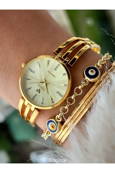 Fiesta Brand Steel Cord Elegant Simple Model Golden Yellow Engagement, Wedding, Stylish Bridal Wristwatch