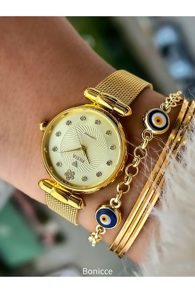 Fiesta Brand Full Steel Case Bracelet Luxury Mesh Strap Gold Color VIP 5 ATM Wristwatch