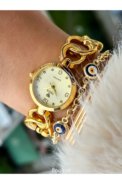 Fiesta Brand Steel Cord Elegant Simple Model Gold Yellow Color Engagement, Wedding, Bridal, Stylish Women's Wristwatch