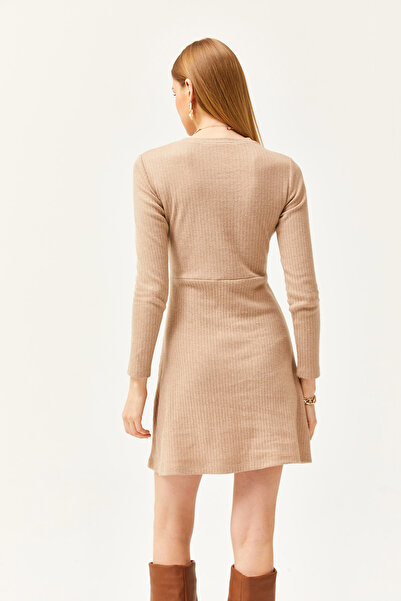 Olalook Kadın Camel Bisiklet Yaka Eteği Kloş Fitilli Elbise ELB-19002029