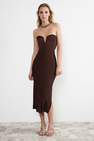 Trendyol Collection Brown Pleated Knitted Dress TPRSS24EL00089