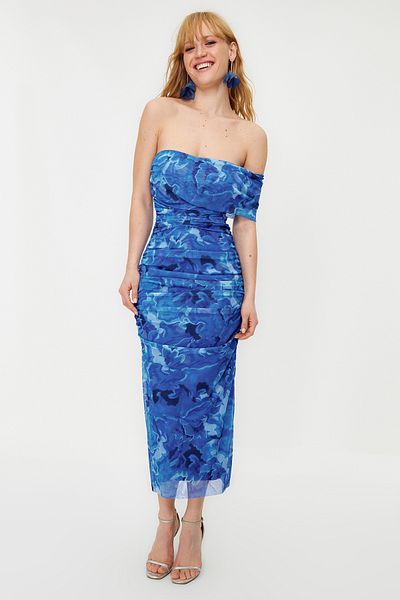 Trendyol Collection One Sleeve Floral Patterned Body Fitted Dress Night Graduation Tprss24El00027