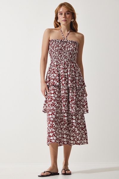 Happiness İstanbul Braunes Sommerkleid aus Viskose mit Blumenvolant für Damen UB00226
