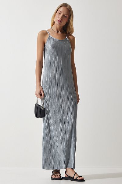 Happiness İstanbul Women's Gray Strappy Summer Pleated Dress DZ00116