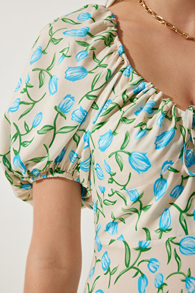 Happiness İstanbul Rochie de vară din viscoză, bej albastru, cu mâneci cu balon, FN03177