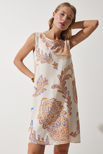 Happiness İstanbul Rochie mini de in viscoza cu model piersici crem BH00343