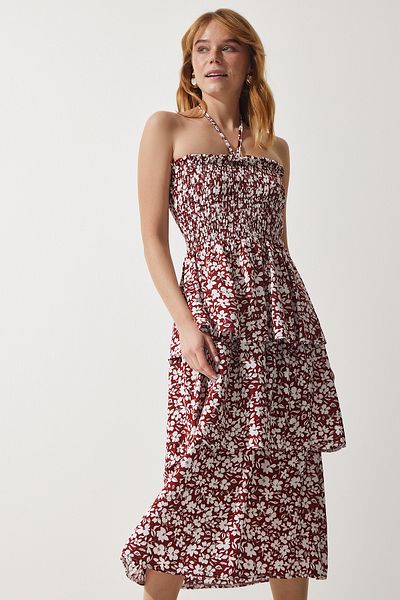 Happiness İstanbul Braunes Sommerkleid aus Viskose mit Blumenvolant für Damen UB00226