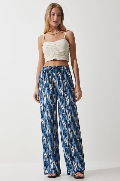 Happiness İstanbul Palazzo-Hose aus fließender Viskose mit Muster in Blau und Ecru EN00606 für Damen