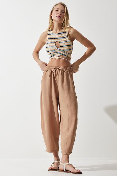 Happiness İstanbul Dunkelbeige Baggy-Hose aus Leinen-Viskose mit Taschen für Damen CV00001