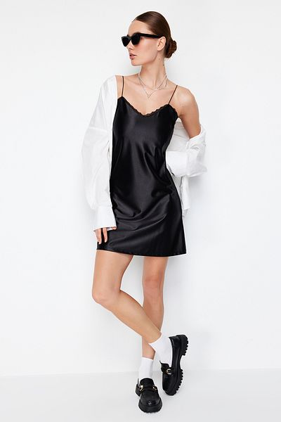 Trendyol Collection Black Satin A-line V-neck Strappy Lace Detailed Knitted Mini Dress TWOSS24EL00593