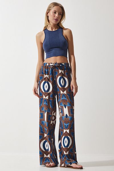 Happiness İstanbul Palazzo-Hose aus fließender Viskose in Marineblau und Braun mit Muster für Damen EN00606