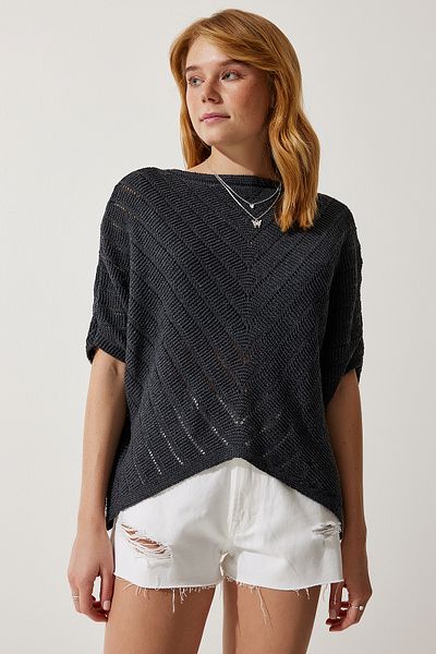 Happiness İstanbul Women's Anthracite Openwork Bat Knitwear Blouse YU00013