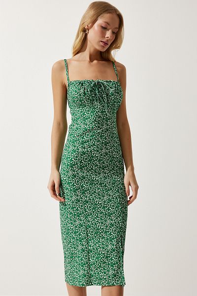 Happiness İstanbul Rochie tricotată de vară cu fantă florală, verde închis, albă, pentru femei CI00029