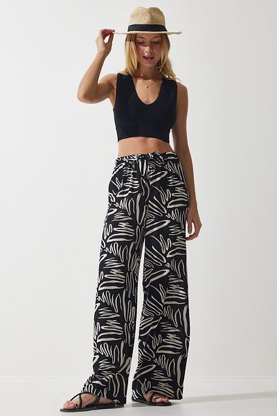 Happiness İstanbul Creme-schwarz gemusterte Palazzo-Hose aus fließender Viskose für Damen EN00606