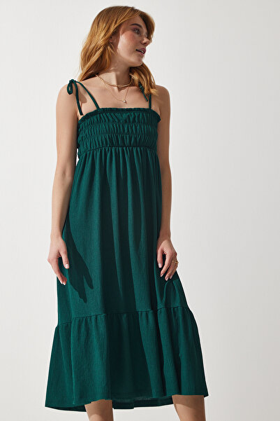 Happiness İstanbul Dámské letní pletené šaty smaragdově zelené na ramínka UB00250