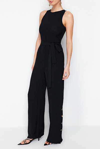 Trendyol Collection Černý pásek na patentky s širokými nohavicemi Maxi tkaný overal TWOSS23TU00115