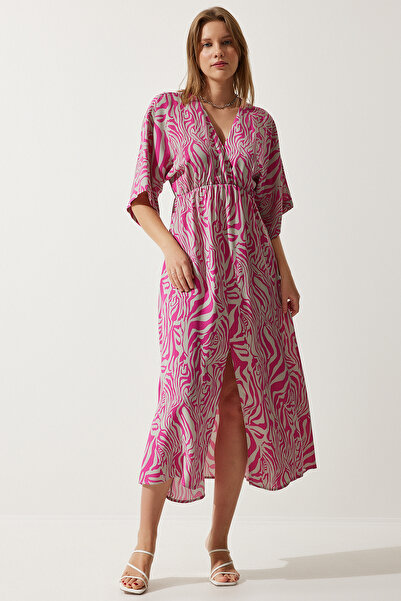 Happiness İstanbul Kadın Pembe Gri Anvelop Yaka Desenli Yazlık Viskon Elbise DK00166