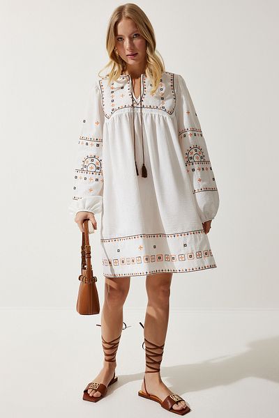 Happiness İstanbul Ecrufarbenes, besticktes Kleid aus gewebtem Leinen für Damen, RG00007