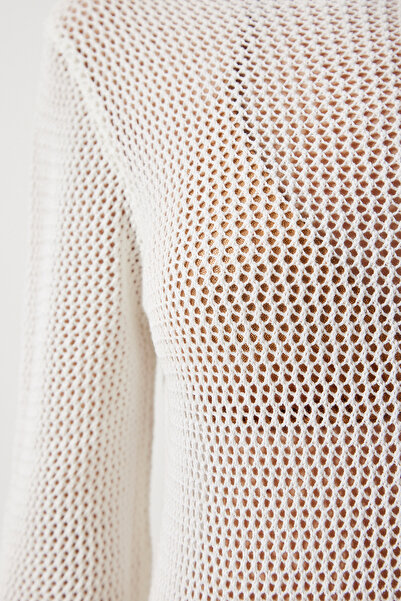 Happiness İstanbul Dámské Ecru prolamované transparentní dlouhé úpletové šaty PF00064