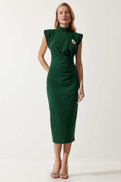 Happiness İstanbul Stilvolles Wickel-Strickkleid mit Brosche und Kordelzug in Smaragdgrün für Damen DE00029