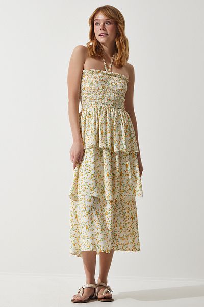 Happiness İstanbul Ecru-gelbes Sommerkleid aus Viskose mit Volant und Blumenmuster für Damen, UB00226