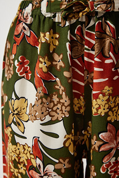 Happiness İstanbul Women's Khaki Yellow Patterned Flowing Viscose Palazzo Trousers EN00606