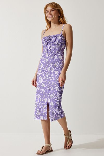 Happiness İstanbul Lilafarbenes Sommer-Strickkleid mit Blumenmuster und Schlitz für Damen CI00029