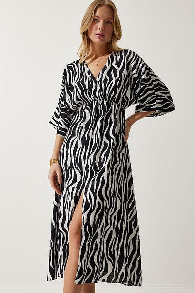 Happiness İstanbul Schwarz-weißes, tiefes V-Ausschnitt-Sommerkleid aus Viskose für Damen, lang, CI00081